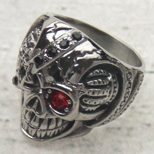 Skull Ring Stainless Steel Punk Biker Red Eye Choice Size Gothic Halloween Teeth